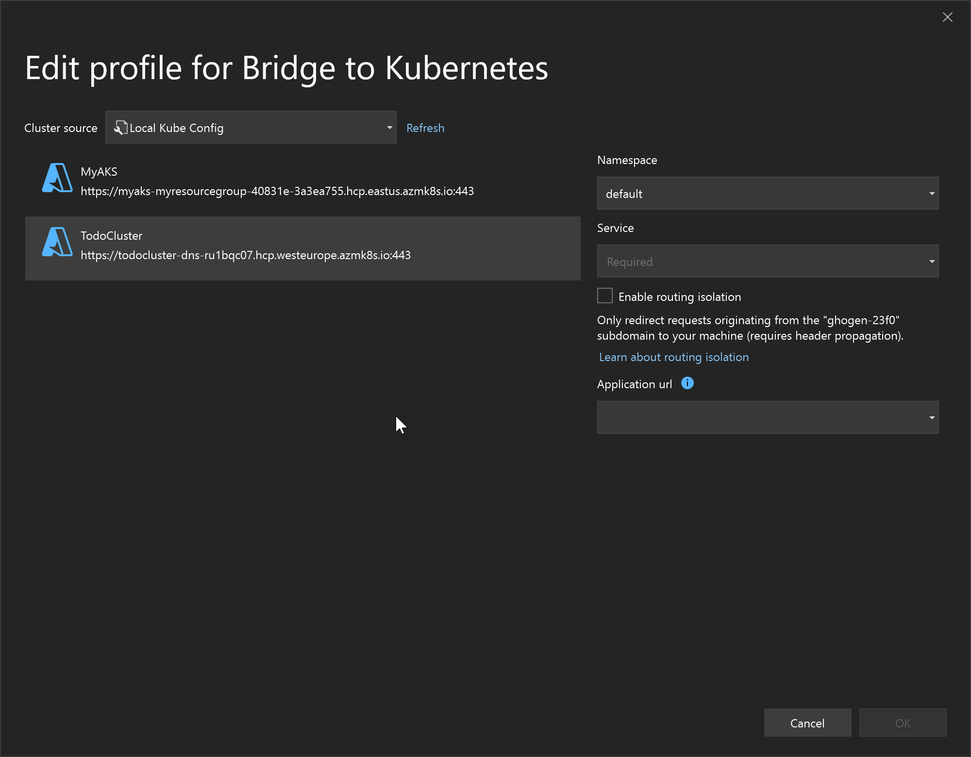 最も一般的な Bridge to Kubernetes プロファイル プロパティの編集を示すスクリーンショット。