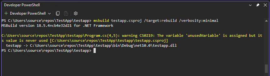 開発者コマンド プロンプトの規則違反を含む MSBuild 出力を示すスクリーンショット。