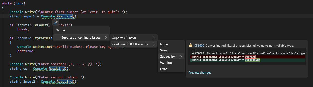 Visual Studio のメニューから選択されたルールの重大度を示すスクリーンショット。