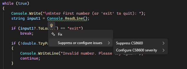 Visual Studio の電球メニューからルールの重大度を構成する方法を示すスクリーンショット。