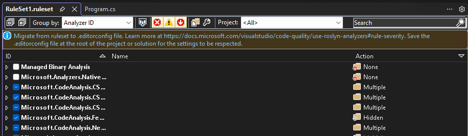 ルール セット エディターで開いているルール セット ファイルを示すスクリーンショット。