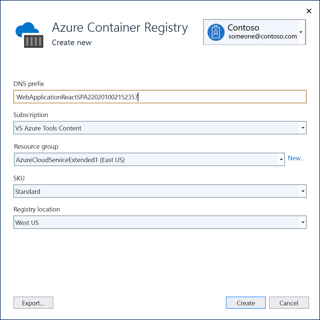Visual Studio の Azure Container Registry を作成するダイアログのスクリーンショット。