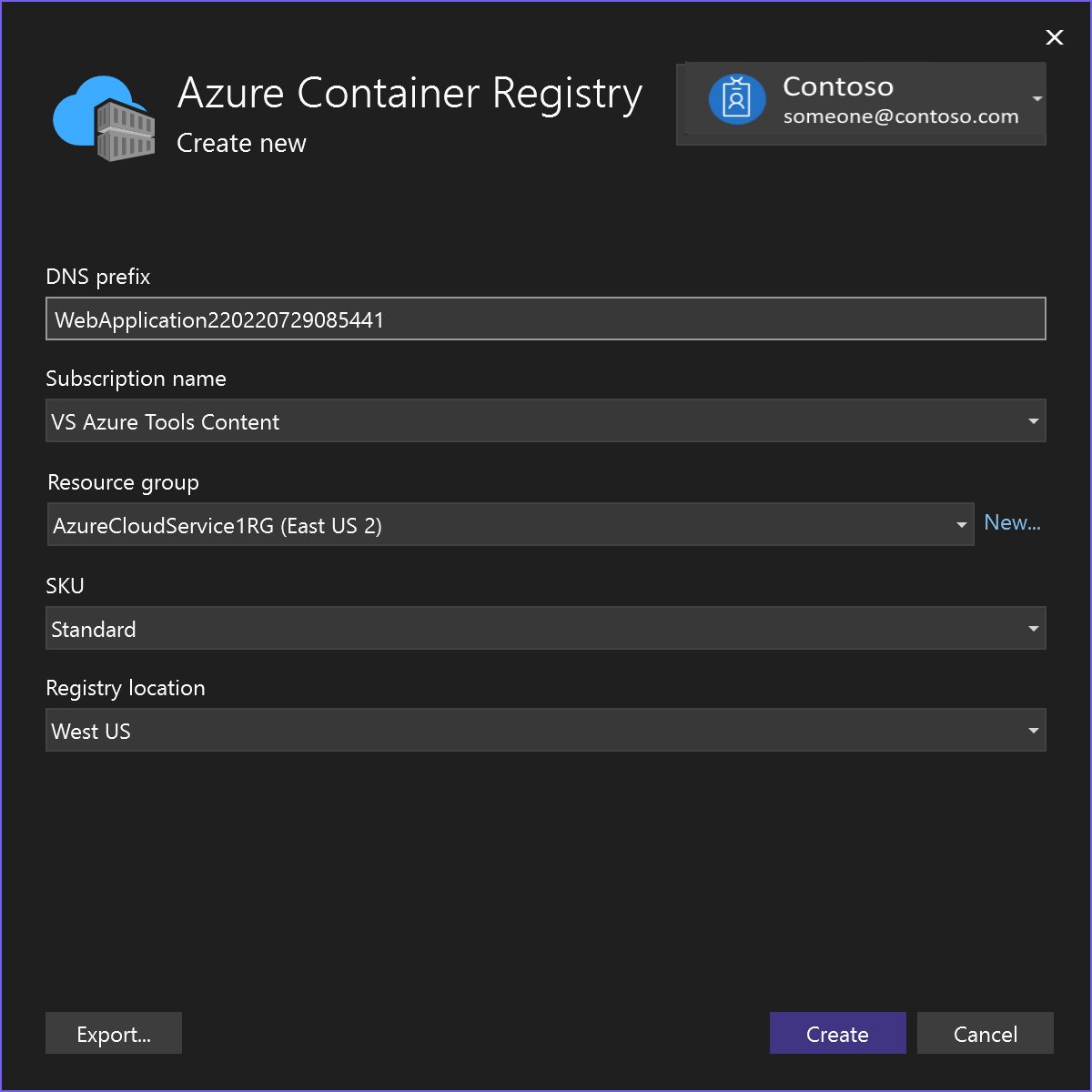 Azure Container Registry オプションのスクリーンショット。