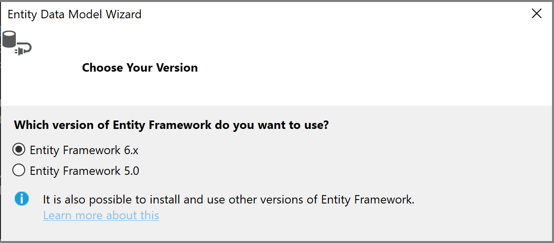 Entity Framework のバージョンの選択肢を示すスクリーンショット。