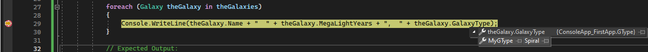 Visual Studio デバッガーのスクリーンショット。コード行が黄色で表示され、行の末尾では、Galaxy.GalaxyType プロパティの下にメニューが展開されています。