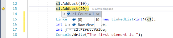 Visual Studio 2022 のデバッガーでコード変数のデータ ヒントを表示する方法を示すスクリーンショット。