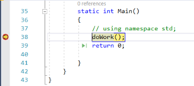 Visual Studio 2022 で、設定したブレークポイントでデバッガーが一時停止していることを示すスクリーンショット。