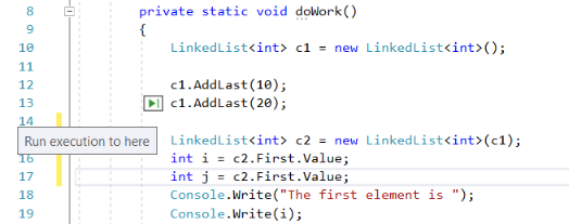 Visual Studio 2022 デバッガーで「クリック位置まで実行」アクションを使用する方法を示すスクリーンショット。