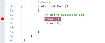 Visual Studio 2022 のデバッガーでブレークポイントを設定する方法を示すスクリーンショット。