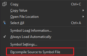 Screenshot of assembly context menu in modules window with decompile source command.