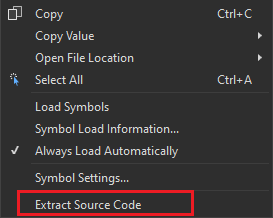 Screenshot of assembly context menu in modules window with extract sources command.