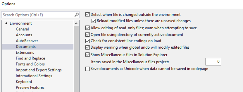 Screenshot of tools option page with miscellaneous files option enabled.