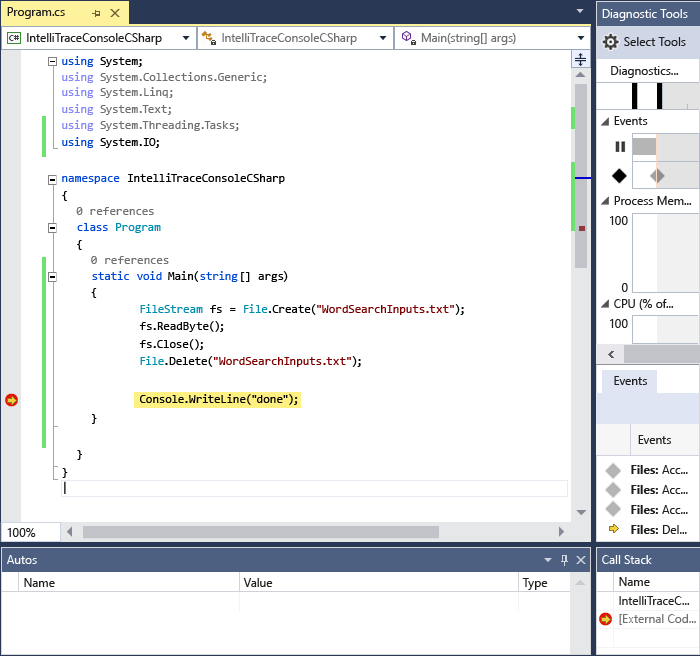 Visual Studio コード ウィンドウのスクリーンショット。ブレークポイントで実行が停止し、[診断ツール] ウィンドウの [イベント] タブにイベントが一覧表示されます。