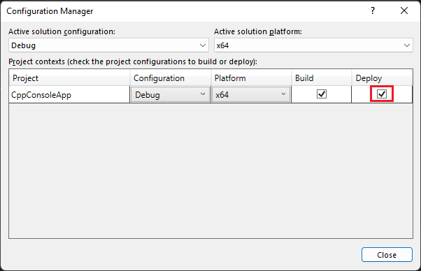 Visual Studio ソリューション エクスプローラーの構成マネージャーのスクリーンショット。[デバッグ] 構成が選択され、[配置] がオンになっています。