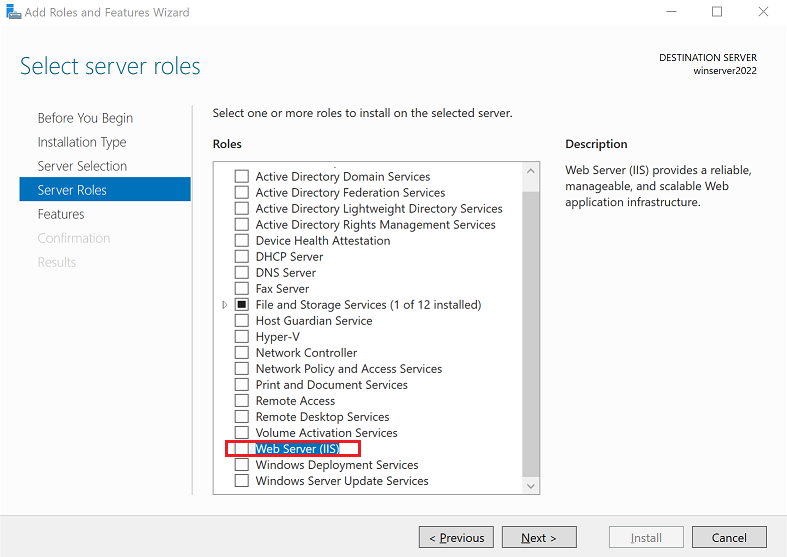Screenshot showing the Web Server IIS role selected in the Select server roles step.