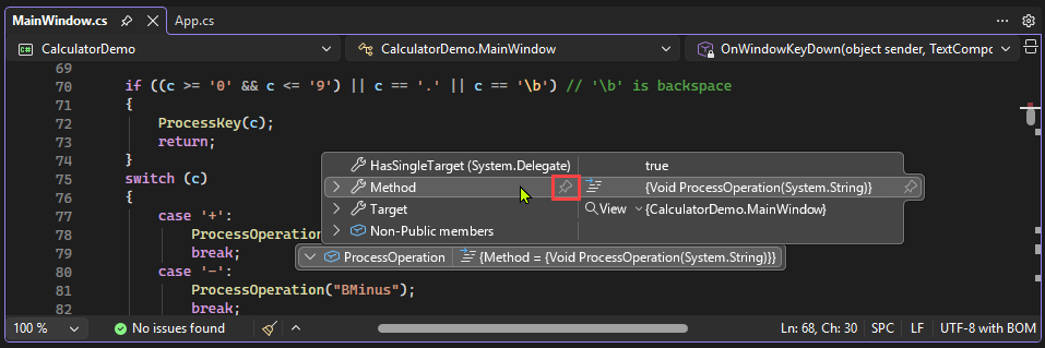 Visual Studio のデータヒントにプロパティをピン留めする方法を示すスクリーンショット。