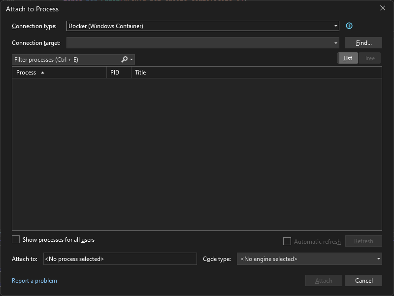 Docker (Windows コンテナー) の接続の種類が表示されている Visual Studio の [プロセスにアタッチ] ダイアログのスクリーンショット。