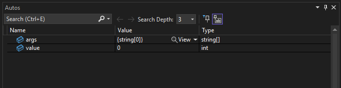 Autosウィンドウのスクリーンショット。