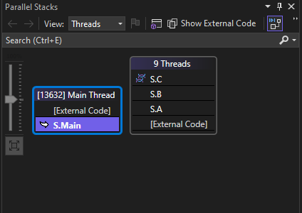 PDB_Walkthrough_1C Screenshot of Highlighted main thread in Parallel Stacks window.