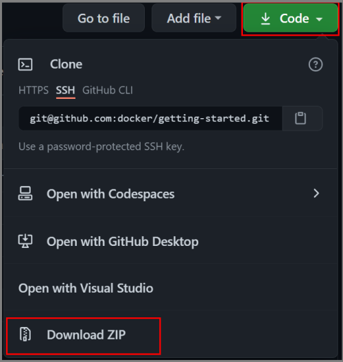 スクリーンショットには、Github サイトの一部が示され、緑色の [コード] ボタンと [ZIP のダウンロード] オプションが強調表示されています。