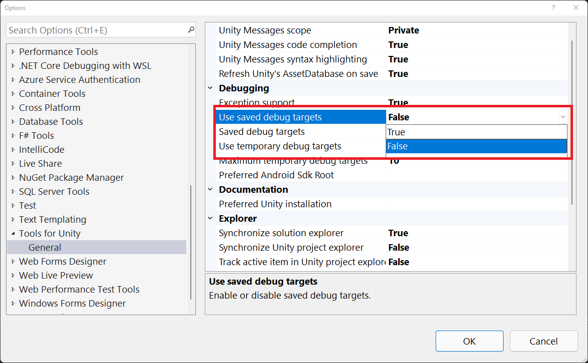 Screenshot of the Use saved debug targets setting.