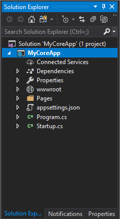 Visual Studio のソリューション エクスプローラーで MyCoreApp プロジェクトが選択されているところを示すスクリーンショット。