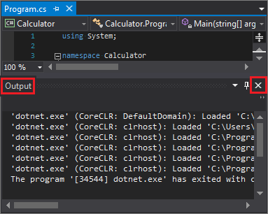 Visual Studio の [出力] ペインを閉じる画面のスクリーンショット。