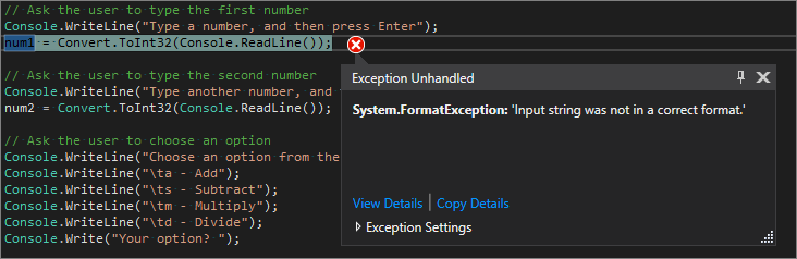Visual Studio のコード エディターの未処理の形式エラーを示すスクリーンショット。