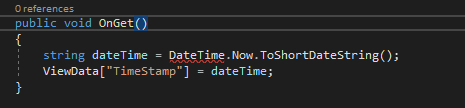 Visual Studio のコード エディターで、DateTime に波下線の形式でエラー マークが表示されていることを示すスクリーンショット。