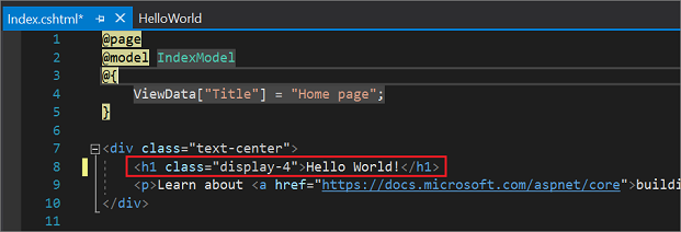 Visual Studio のコード エディターで、Index.cshtml の Welcome のテキストが Hello World! に変更されたことを示すスクリーンショット。