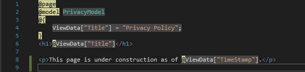 Visual Studio のコード エディターで、更新されたテキストが表示されている Privacy.cshtml ファイルが開かれているところを示すスクリーンショット。