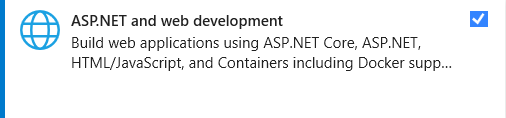 Visual Studio インストーラーの ASP.NET と Web 開発ワークロードを示すスクリーンショット。