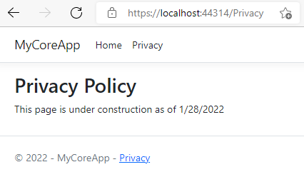 日付を追加するために行われた変更が含まれる MyCoreApp の Privacy ページを示すスクリーンショット。