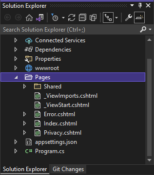 Screenshot shows the contents of the Pages folder in the Solution Explorer.