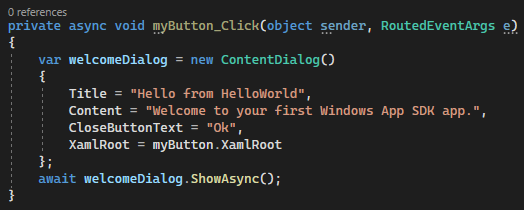 Screenshot showing the C# code for the new async myButton_Click event handler.