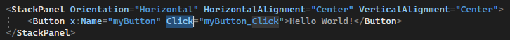 Screenshot showing the XAML code for the Button in the XAML editor. The click event of the button has been highlighted.