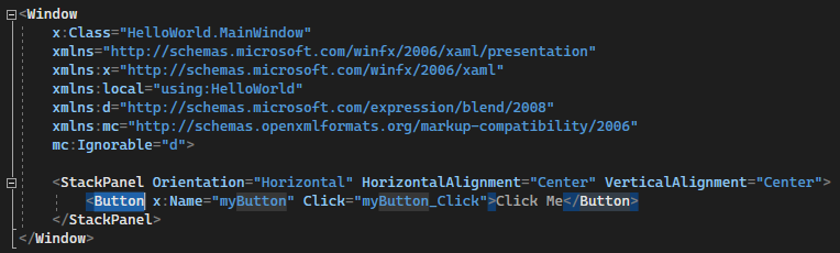 Screenshot showing 'Button' highlighted in the XAML editor.