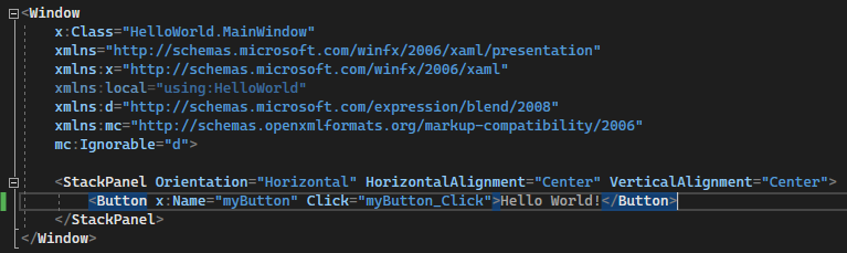 Screenshot showing the XAML code for the Button in the XAML editor. The value of the Content property has been changed to 'Hello World!'.