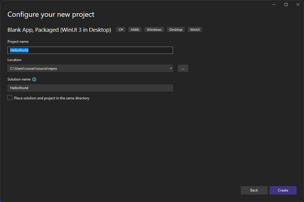 Screenshot of the 'Configure your new project' dialog with 'HelloWorld' entered in the Project name field.