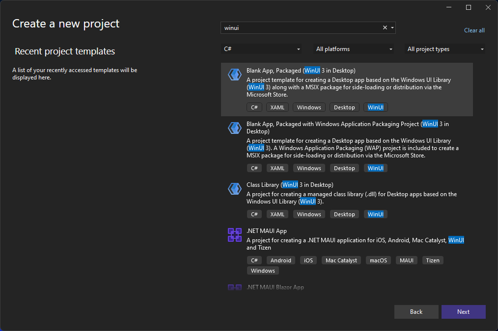 Screenshot of the 'Create a new project' dialog with 'WinUI' entered in the search box, and the 'Blank App, Packaged (WinUI 3 in Desktop)' project template highlighted.
