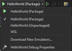 Screenshot showing the drop-down box open next to the Play button with 'HelloWorld (Package)' selected.