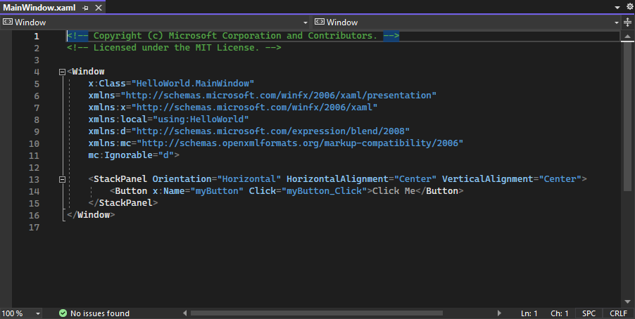 Screenshot showing MainWindow.xaml open in the Visual Studio IDE. The XAML Editor pane shows the XAML markup for the window.