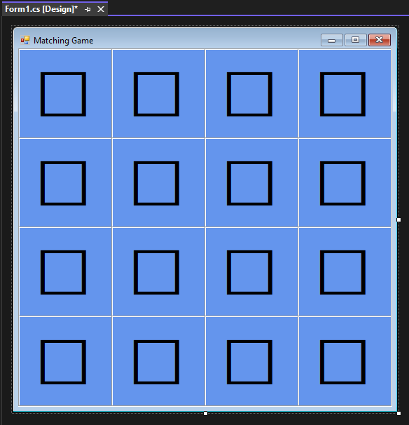 16 個の黒い正方形を持つ、絵合わせゲームのフォームを示すスクリーンショット。
