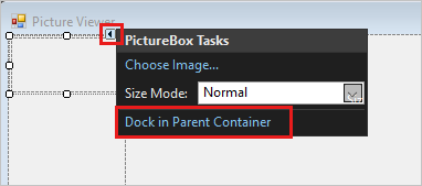 Screenshot shows the PictureBox Tasks dialog box with Dock in Parent Container highlighted.