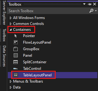 Screenshot shows the Containers group in the Toolbox tab.