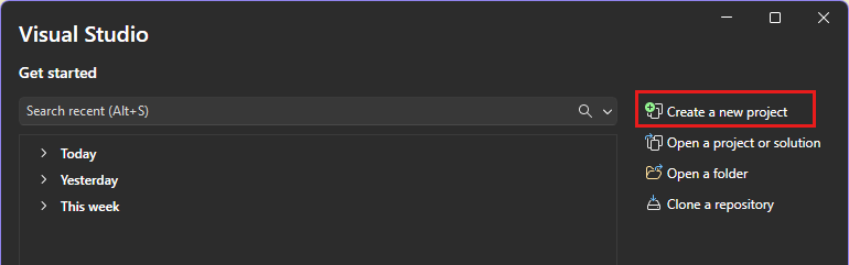 Visual Studio のスタート ウィンドウの [新しいプロジェクトの作成] オプションを示すスクリーンショット。
