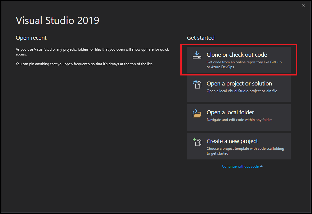 Visual Studio 2019 バージョン 16.7 以前での [新しいプロジェクトの作成] ウィンドウのスクリーンショット。