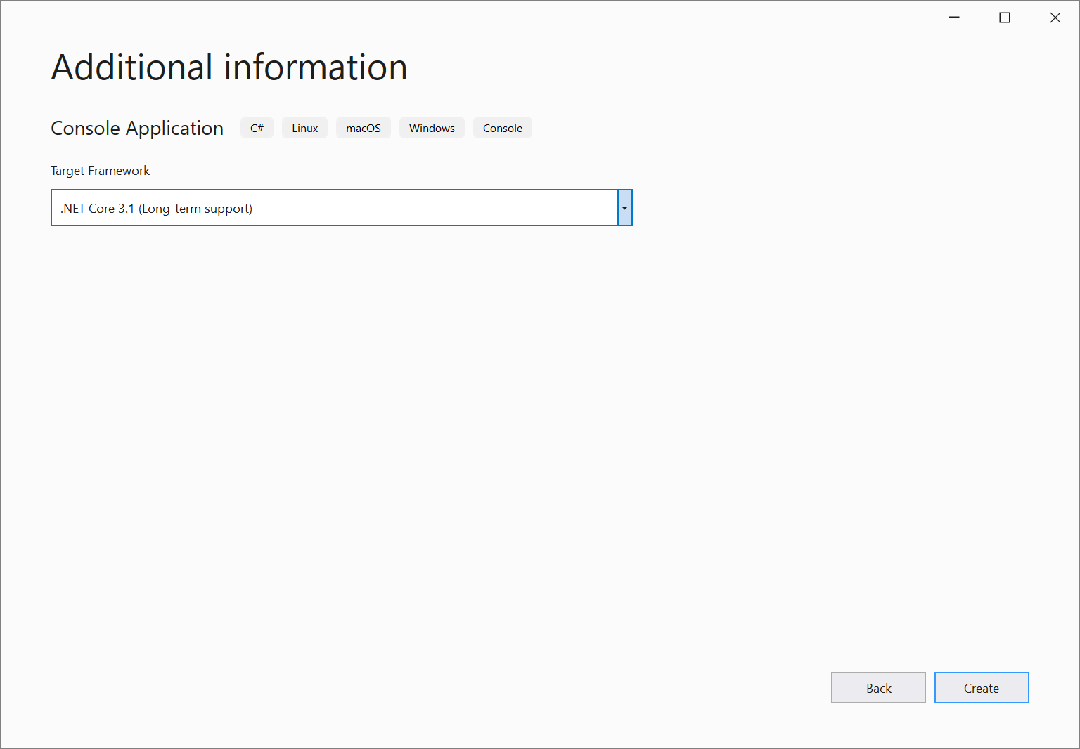 Screenshot of the 'Additional information' window in Visual Studio 2019, where you select the version of the .NET Core Framework that you want.