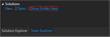Visual Studio 2019 バージョン 16.7 以前の、クローンが完了した後の [チーム エクスプローラー] ウィンドウの [ソリューション] セクションのスクリーンショット。