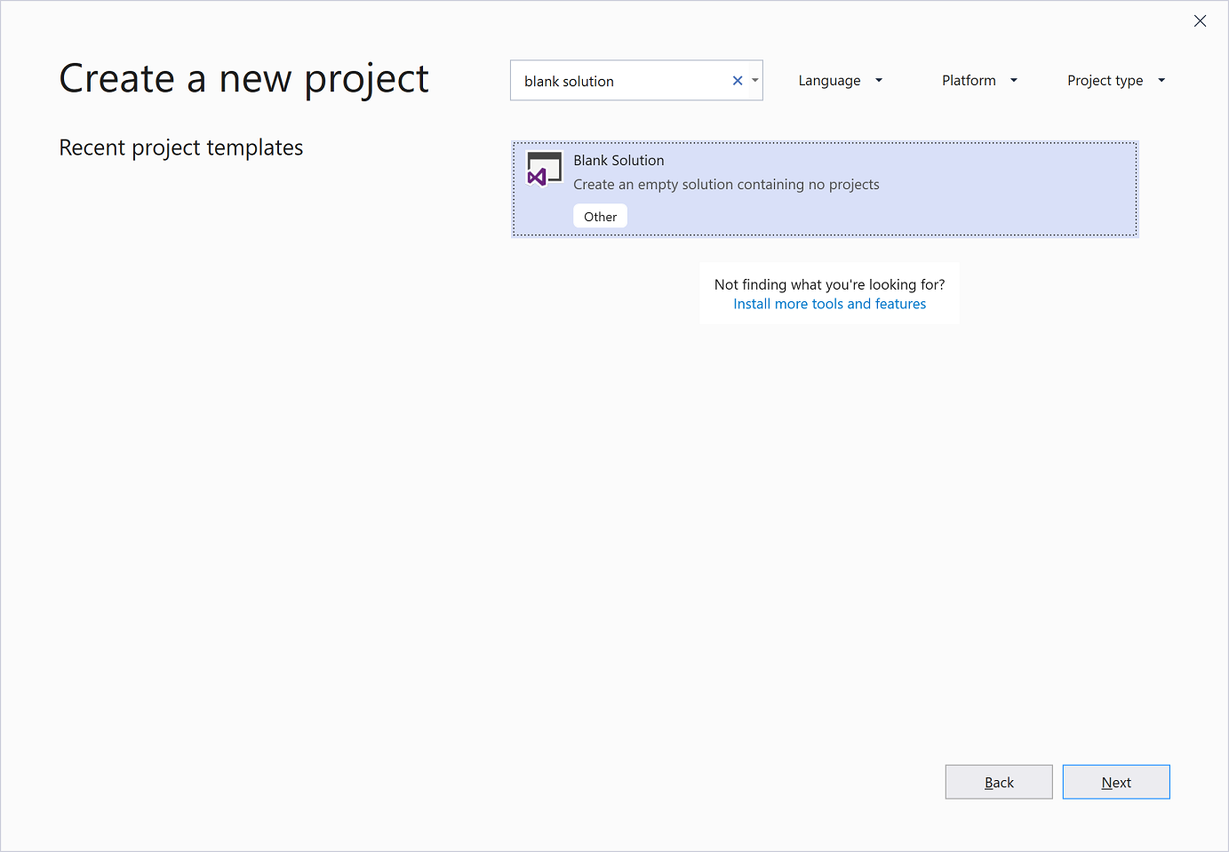 Screenshot showing the Create a new project window with 'blank solution' in the search box and the Blank Solution project template selected.